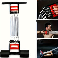 The Versatile Stainless Steel Pedal Puller—made in Shandong, China with black handles and adjustable resistance—is shown. Three inset images depict a man using it for arm, chest, and leg strength workouts.