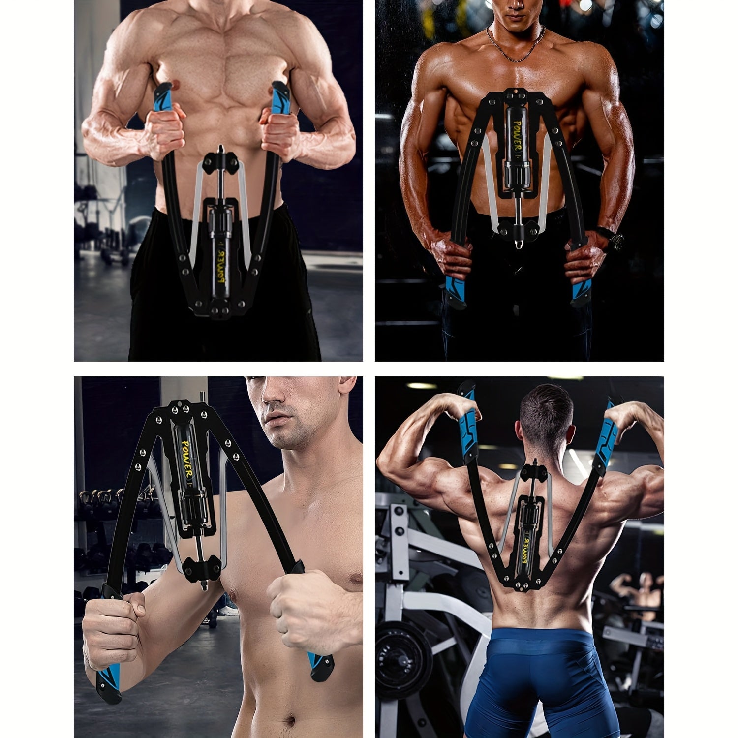 Four images feature muscular men using the Hydraulic Adjustable Arm Trainer (22-440 lbs, 20-level resistance) in a gym, demonstrating front and back views and various workout angles—ideal inspiration for a unique Valentine’s Day fitness gift.