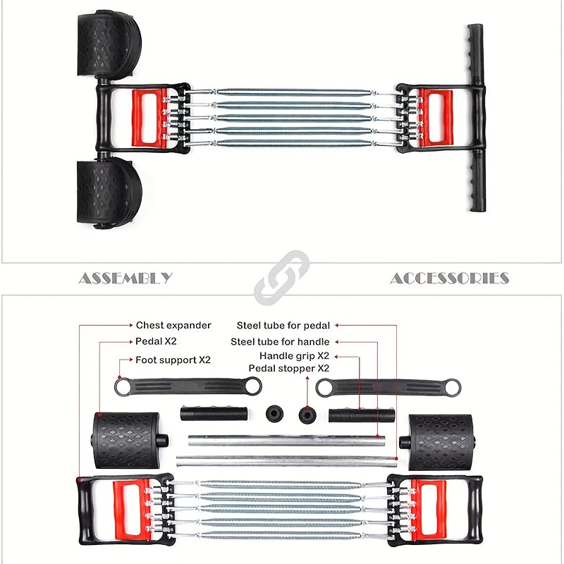 The Versatile Stainless Steel Pedal Puller from Shandong, China is shown disassembled with labeled parts—chest expander, pedals, foot supports, tubes, handles, and stoppers—for easy assembly and accessories reference.