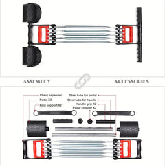 The Versatile Stainless Steel Pedal Puller from Shandong, China is shown disassembled with labeled parts—chest expander, pedals, foot supports, tubes, handles, and stoppers—for easy assembly and accessories reference.