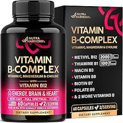 A bottle and box of Vitamin B Complex for Men & Women with B1, B2, B3, B5, B6, B7, B8, B9, B12, Vitamin C, choline & inositol. This USA-made supplement offers energy, brain & heart support in 60 vegan capsules.