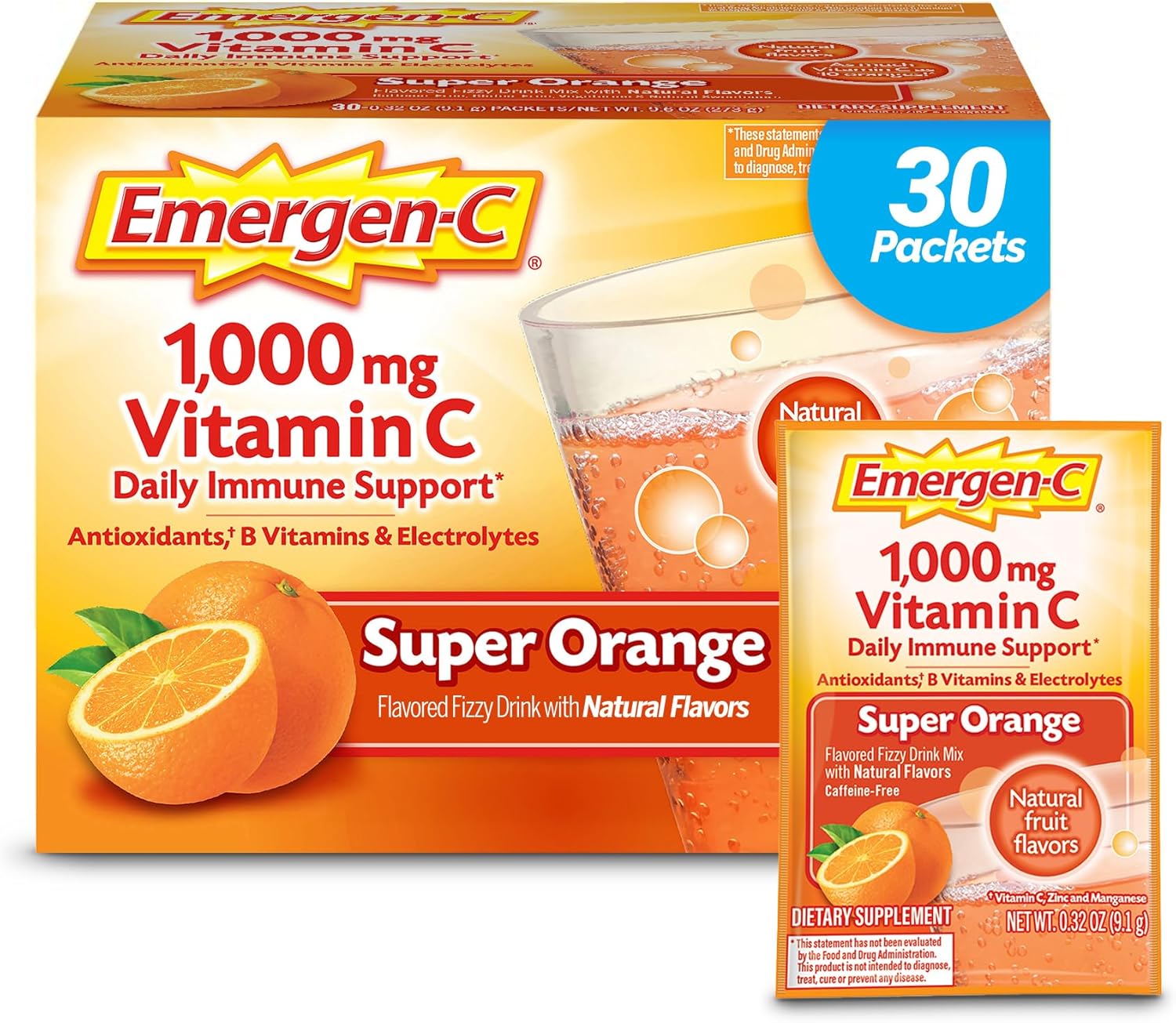 Emergen-C 1000mg Vitamin C Powder, Super Orange Flavor, offers daily immune support with zinc, manganese, B vitamins, and electrolytes; caffeine free vitamin C supplements—30 count.