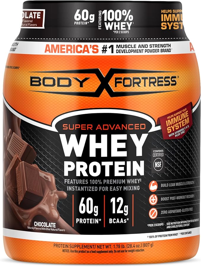 A 1.78lb container of Body Fortress 100% Whey Premium Protein Powder in chocolate, offering 60g protein and 12g BCAA per serving, NSF certified, supports immune health, and promotes lean muscle strength.