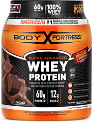 A 1.78lb container of Body Fortress 100% Whey Premium Protein Powder in chocolate, offering 60g protein and 12g BCAA per serving, NSF certified, supports immune health, and promotes lean muscle strength.