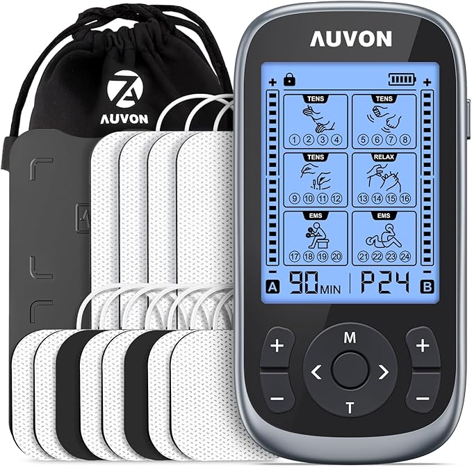 The AUVON 3-in-1 TENS Unit Muscle Stimulator, featuring a digital display, control buttons, 12 TENS pads, lead wires, and a black carrying pouch, is neatly arranged for effective pain relief against a white background.