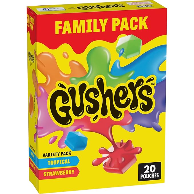 Fruit Flavored Snacks Family Pack, Tropical & Strawberry Flavors, Gluten Free Gummy Kids Snack, Bursting Juicy Center, Vitamin C Source, Individually Wrapped, Bulk Box, 20 Pouches, 16 oz Total