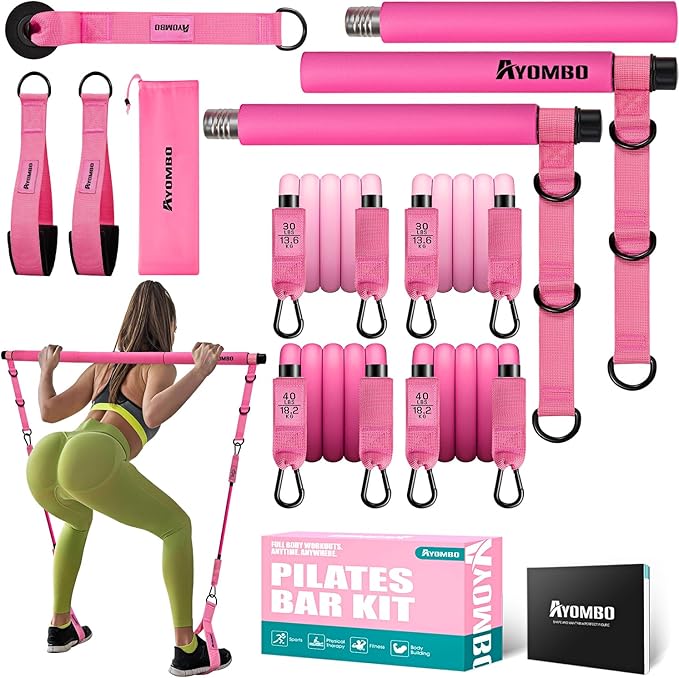 The Pilates Bar Kit with Resistance Bands is shown, ideal for legs, hips, waist, arms, and squats. A woman in green workout clothes demonstrates its use; the adjustable 3-section kit and product packaging appear at the bottom right.
