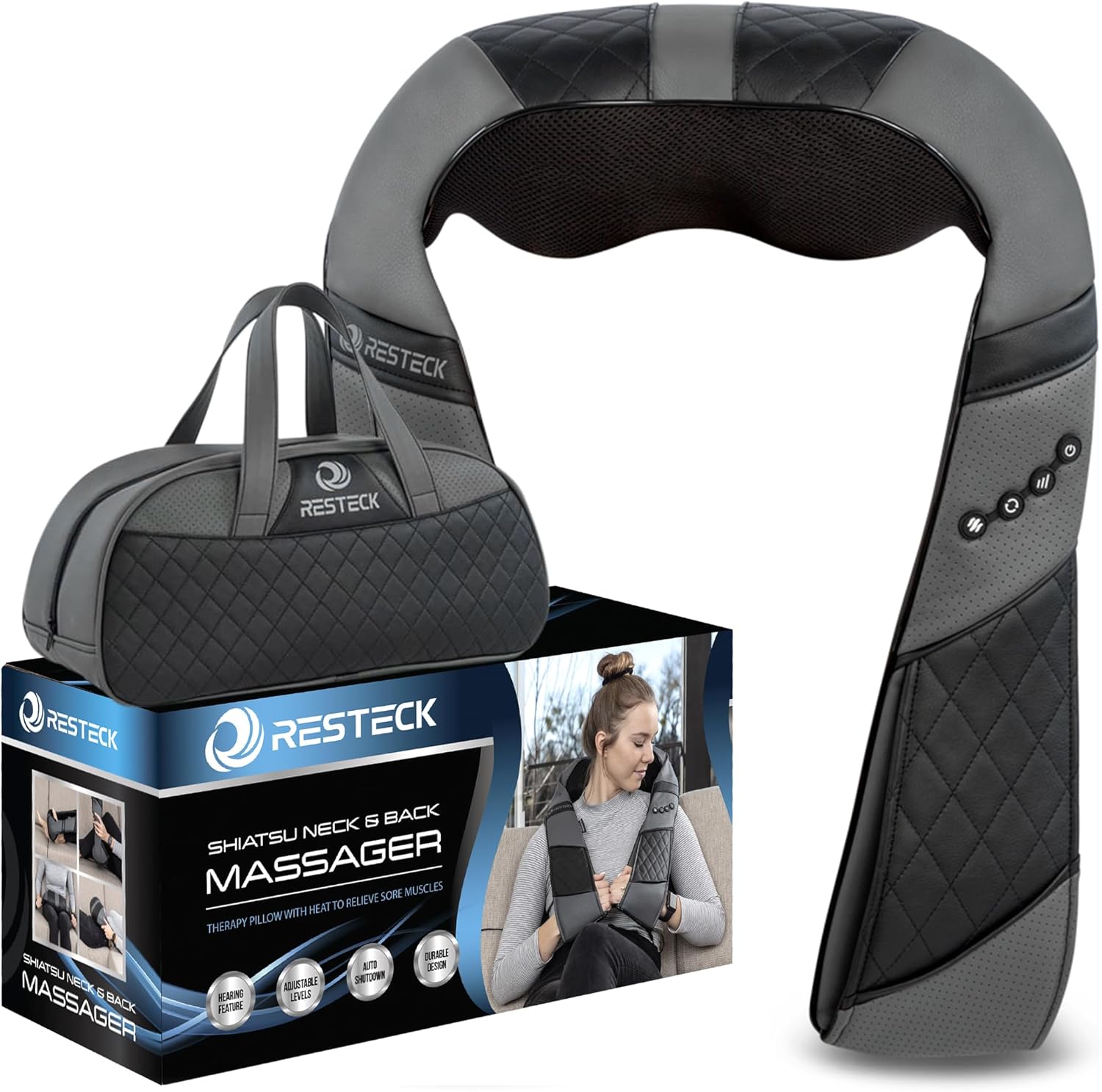 The RESTECK Massagers for Neck and Back with Heat is shown with control buttons, a carrying bag, and packaging featuring a woman using this portable shiatsu pillow for pain relief on her shoulders.