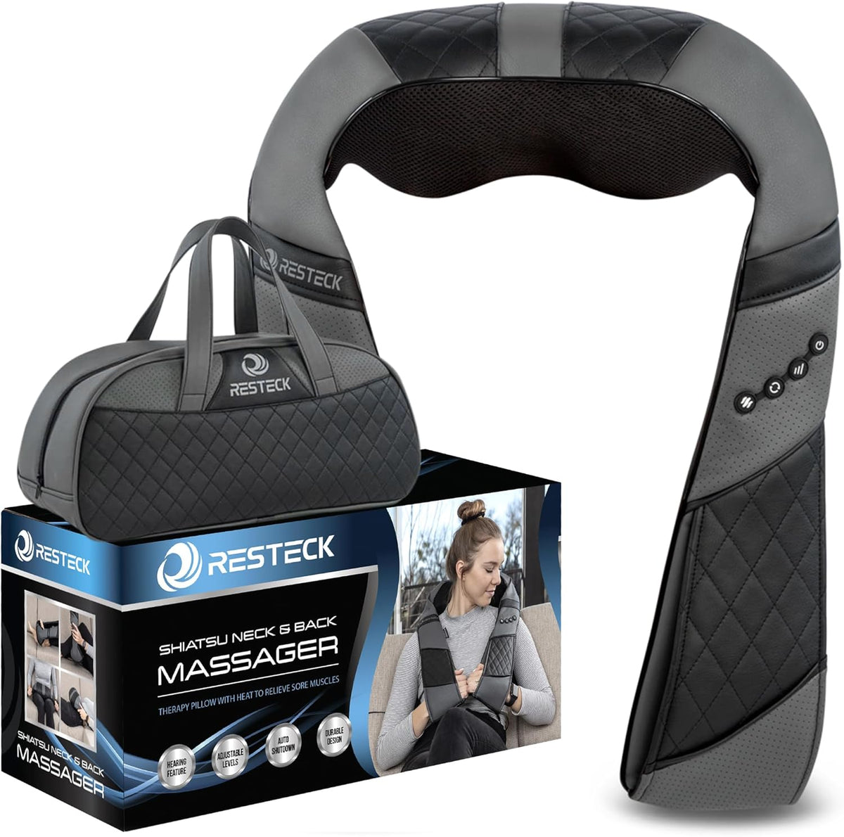 The RESTECK Massagers for Neck and Back with Heat is shown with control buttons, a carrying bag, and packaging featuring a woman using this portable shiatsu pillow for pain relief on her shoulders.