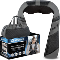 The RESTECK Massagers for Neck and Back with Heat is shown with control buttons, a carrying bag, and packaging featuring a woman using this portable shiatsu pillow for pain relief on her shoulders.