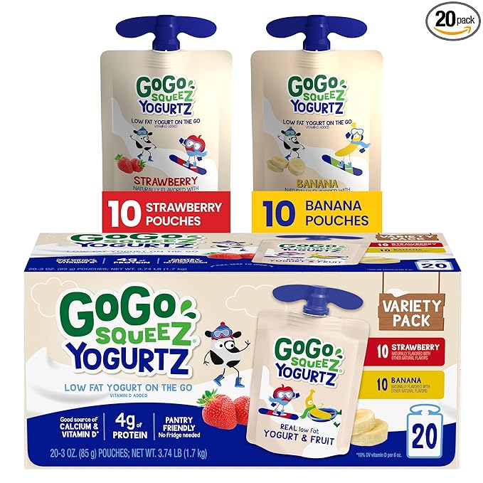 yogurtZ Variety Pack, Strawberry & Banana, 3 oz (Pack of 20), Kids Snacks Made from Real Yogurt and Fruit, No Fridge Needed, Gluten Free, Nut Free, Recloseable Cap, BPA Free Pouches