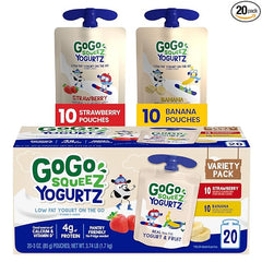 yogurtZ Variety Pack, Strawberry & Banana, 3 oz (Pack of 20), Kids Snacks Made from Real Yogurt and Fruit, No Fridge Needed, Gluten Free, Nut Free, Recloseable Cap, BPA Free Pouches