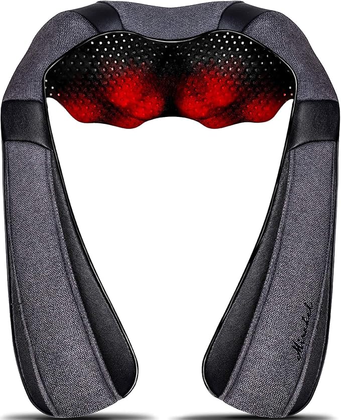 The Mirakel Neck Massager for Pain Relief is a gray and black shiatsu massager with two red-lit massage nodes, offering deep tissue kneading and heat therapy for neck, shoulders, and back relaxation.