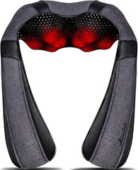 The Mirakel Neck Massager for Pain Relief is a gray and black shiatsu massager with two red-lit massage nodes, offering deep tissue kneading and heat therapy for neck, shoulders, and back relaxation.
