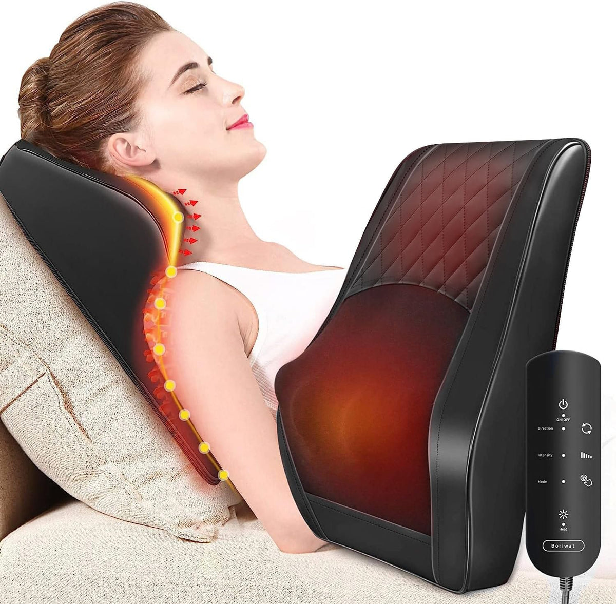 A woman relaxes on a couch using the Boriwat Back Massager with Heat, a black 3D kneading massage pillow for neck and back pain relief. Its remote control is visible in the foreground.