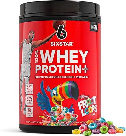 A red tub of Six Star Whey Protein Powder Plus in Kellogg’s Froot Loops flavor, with 30g protein and BCAAs for muscle building and recovery—featuring a basketball player and colorful toucan on the 1.8 lb label.