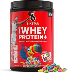 A red tub of Six Star Whey Protein Powder Plus in Kellogg’s Froot Loops flavor, with 30g protein and BCAAs for muscle building and recovery—featuring a basketball player and colorful toucan on the 1.8 lb label.