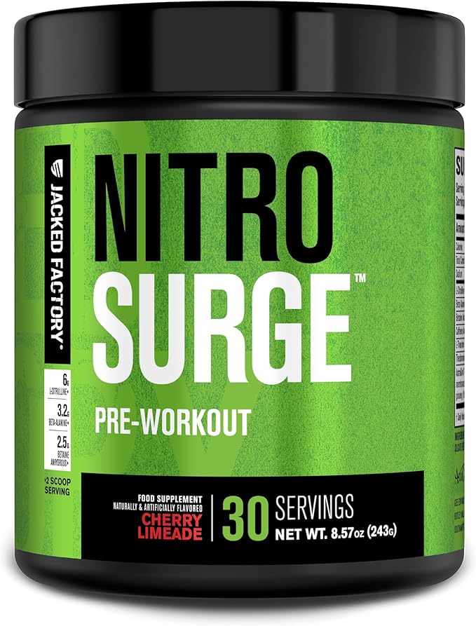 A tub of Jacked Factory NITROSURGE Pre Workout in Cherry Limeade—30 servings per container—delivers endless energy, instant strength, clear focus, and intense pumps as a top nitric oxide booster with beta alanine.