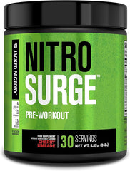 A tub of Jacked Factory NITROSURGE Pre Workout in Cherry Limeade—30 servings per container—delivers endless energy, instant strength, clear focus, and intense pumps as a top nitric oxide booster with beta alanine.