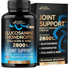 Black bottle and box of Glucosamine Chondroitin MSM Collagen Joint Support Supplement—2800mg, 120 capsules. Extra Strength formula includes MSM, glucosamine, chondroitin, and collagen. Made in USA; non-GMO, gluten-free, HSA/FSA approved.