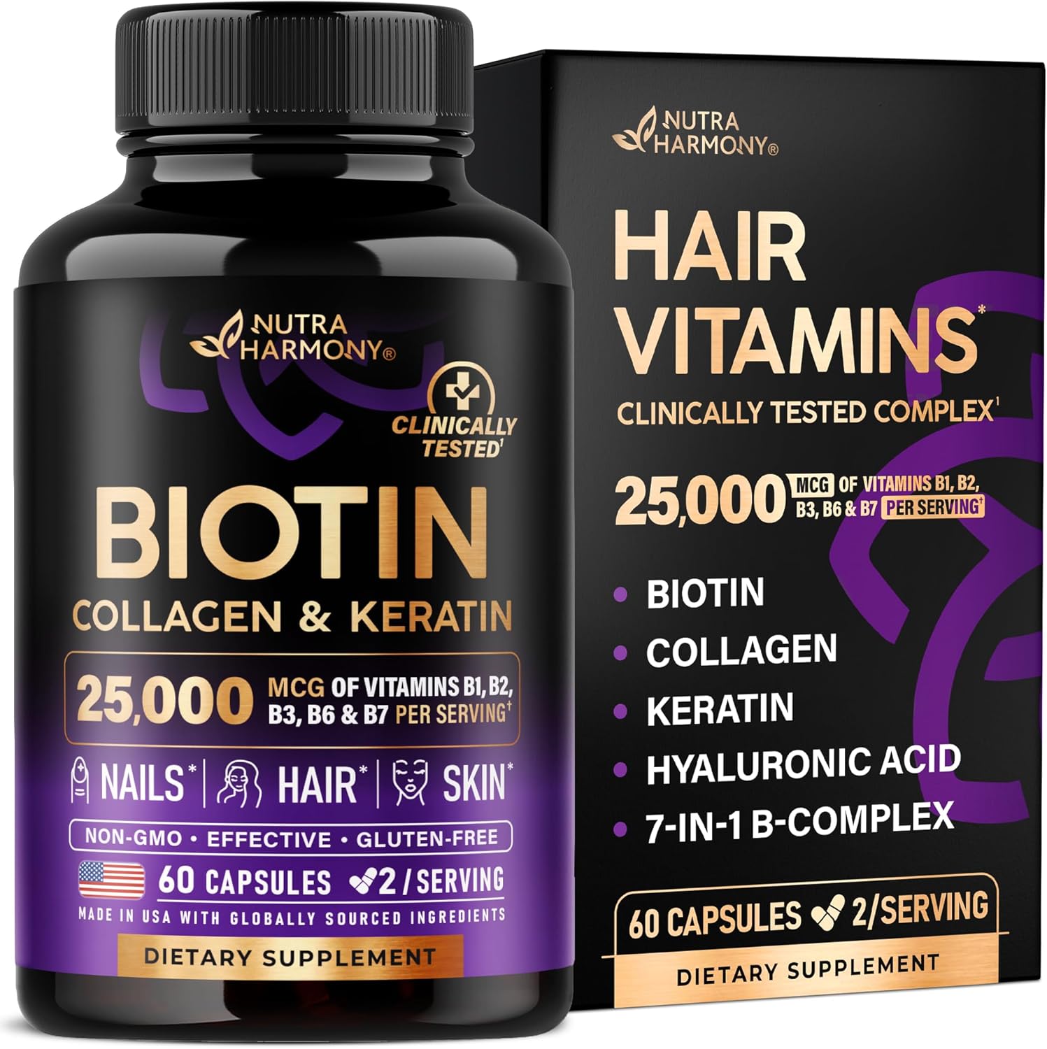 A bottle and box of NUTRAHARMONY Biotin, Collagen, Hyaluronic Acid, Keratin—25,000mcg per serving with B1, B2, B3, B6 & B7—to support normal hair growth cycles plus nail and skin health. 60 capsules for women & men. Made in USA.