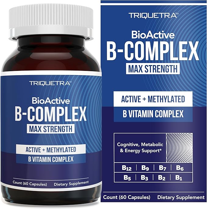 A bottle and box of BioActive Vitamin B Complex—Blood Stream Ready, Methylated B Complex with methylfolate, 3 bioactive forms of B12, BenfoPure® B1 & Pantesin® B5—12 clinical-dose B vitamins for cognitive, metabolic & energy support.