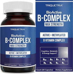 A bottle and box of BioActive Vitamin B Complex—Blood Stream Ready, Methylated B Complex with methylfolate, 3 bioactive forms of B12, BenfoPure® B1 & Pantesin® B5—12 clinical-dose B vitamins for cognitive, metabolic & energy support.
