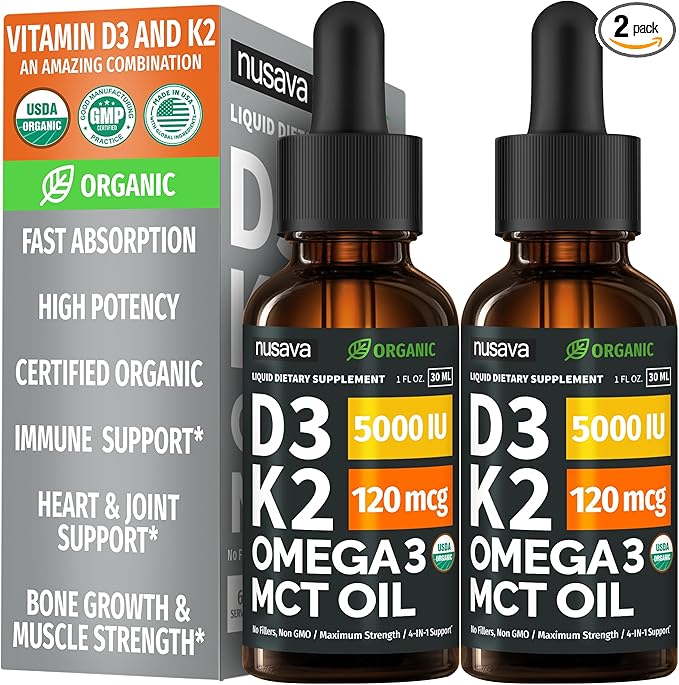 Two bottles of (2 Pack) Organic Vitamin D3 K2 Drops with MCT Oil Omega 3, 5000 IU, sit before the box highlighting benefits like faster absorption, maximum strength, immune support, no fillers, non-GMO formula (Unflavored, 2 Fl Oz).
