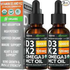 Two bottles of (2 Pack) Organic Vitamin D3 K2 Drops with MCT Oil Omega 3, 5000 IU, sit before the box highlighting benefits like faster absorption, maximum strength, immune support, no fillers, non-GMO formula (Unflavored, 2 Fl Oz).