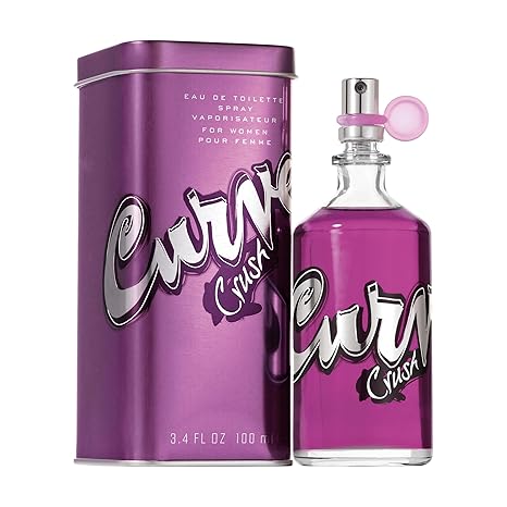A 3.4 fl oz bottle of Crush Eau De Toilette Spray by Showlu Well Nation Store for women comes in a metallic purple tin, each with bold silver and black branding on the front and a pink spray nozzle.