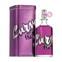A 3.4 fl oz bottle of Crush Eau De Toilette Spray by Showlu Well Nation Store for women comes in a metallic purple tin, each with bold silver and black branding on the front and a pink spray nozzle.