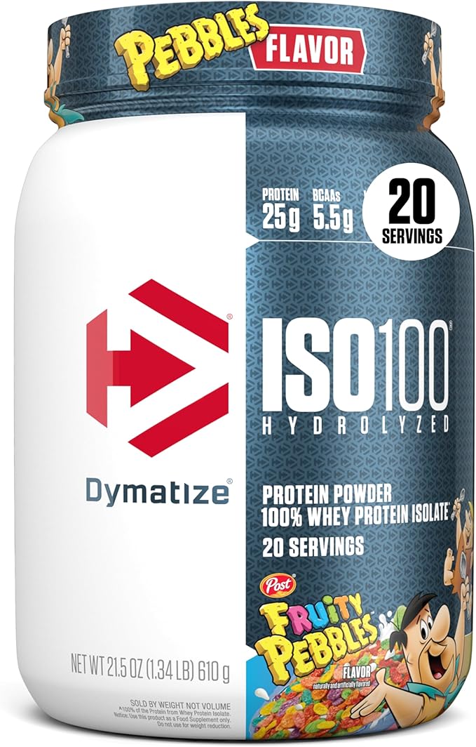 A 20-serving container of Dymatize x Fruity Pebbles ISO100 Whey Protein Isolate with 25g protein, 5.5g BCAAs, 120 calories, just 1g each of fat and sugar, and gluten free. Label features colorful Fruity Pebbles cereal graphics.