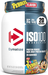 A 20-serving container of Dymatize x Fruity Pebbles ISO100 Whey Protein Isolate with 25g protein, 5.5g BCAAs, 120 calories, just 1g each of fat and sugar, and gluten free. Label features colorful Fruity Pebbles cereal graphics.