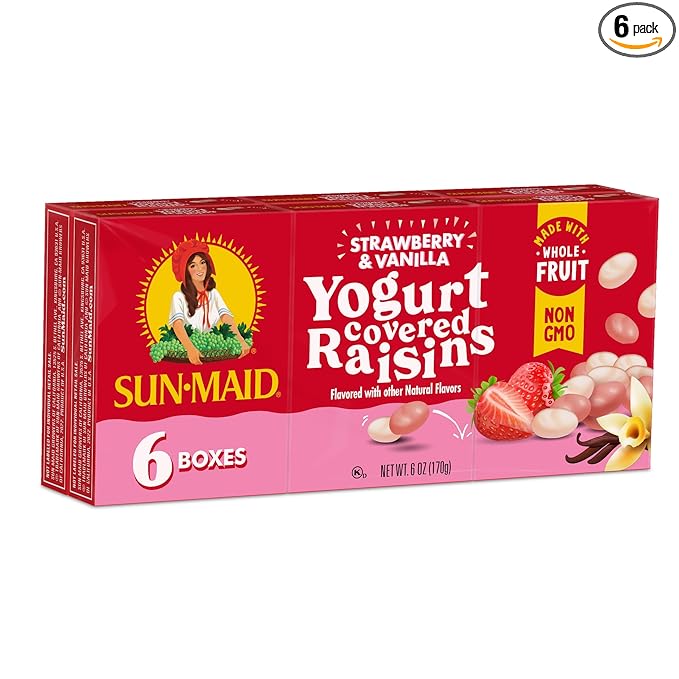 Strawberry & Vanilla Yogurt Coated Raisins - (6 Pack) 1 oz Snack-Size Box - Yogurt Covered Dried Fruit for Lunches and Back to School Snacks