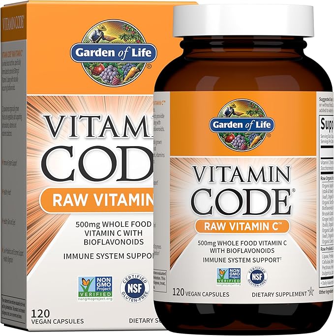 A bottle and box of Garden of Life Vitamin Code Raw Vitamin C, 120 vegan capsules with 500mg whole food vitamin C, fruit & veggie blend, plus probiotics; gluten free supplement for adults.