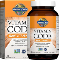 A bottle and box of Garden of Life Vitamin Code Raw Vitamin C, 120 vegan capsules with 500mg whole food vitamin C, fruit & veggie blend, plus probiotics; gluten free supplement for adults.