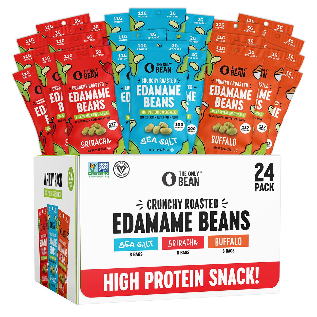 The Crunchy Roasted Edamame - Healthy Snacks for Adults and Kids (Variety Pack), Low Carb Keto Snack Food, Vegan Gluten Free High Protein Snacks (11g), Office Snack, 0.9oz 24 pack