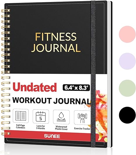 The Fitness Journal Workout Planner for Women & Men (A5, black) features a waterproof cover, gold text, and icons for its workout calendar and exercise tracker. Three pastel color circles are shown beside this undated, spiral-bound log book.