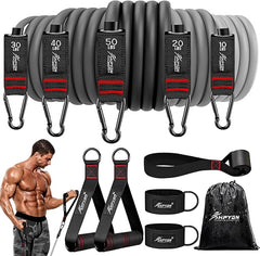 The HPYGN Resistance Bands set includes exercise bands with handles (10-50 lbs), door anchor, ankle straps, and carrying bag—ideal home workout equipment for heavy resistance training, physical therapy, yoga, and shaping your body.