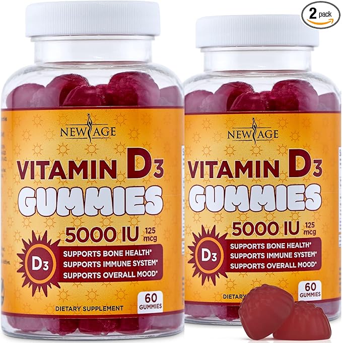 Two bottles of NEW AGE Vitamin D3 5000 IU gummies (120 total, pack of 2), non-GMO, gluten- and dairy-free. Labels highlight immune support, bone health, mood benefits. Red gummies inside; 2-pack icon is at the top right.