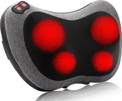 The Papillon Shiatsu Back Massager with Heat is a gray and black pillow featuring four red rotating nodes and a top control button, designed for deep tissue neck, shoulder, foot, and lower back pain relief at home, office, or in the car.