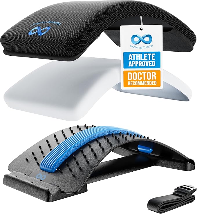 Three Everlasting Comfort Lumbar Support Board back stretchers are shown: a black ergonomic foam cushion, a smooth white curved board, and a black plastic stretcher with blue massage nodes. Each includes an adjustable chair strap for posture correction.