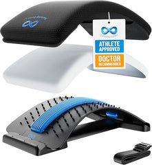 Three Everlasting Comfort Lumbar Support Board back stretchers are shown: a black ergonomic foam cushion, a smooth white curved board, and a black plastic stretcher with blue massage nodes. Each includes an adjustable chair strap for posture correction.