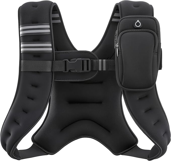 The ZELUS Weighted Vest (6-30lb) features reflective stripes, padded straps, adjustable chest buckle, and a right-strap zippered pouch—ideal for men and women doing running, workout, fitness training, muscle building, or weight loss.