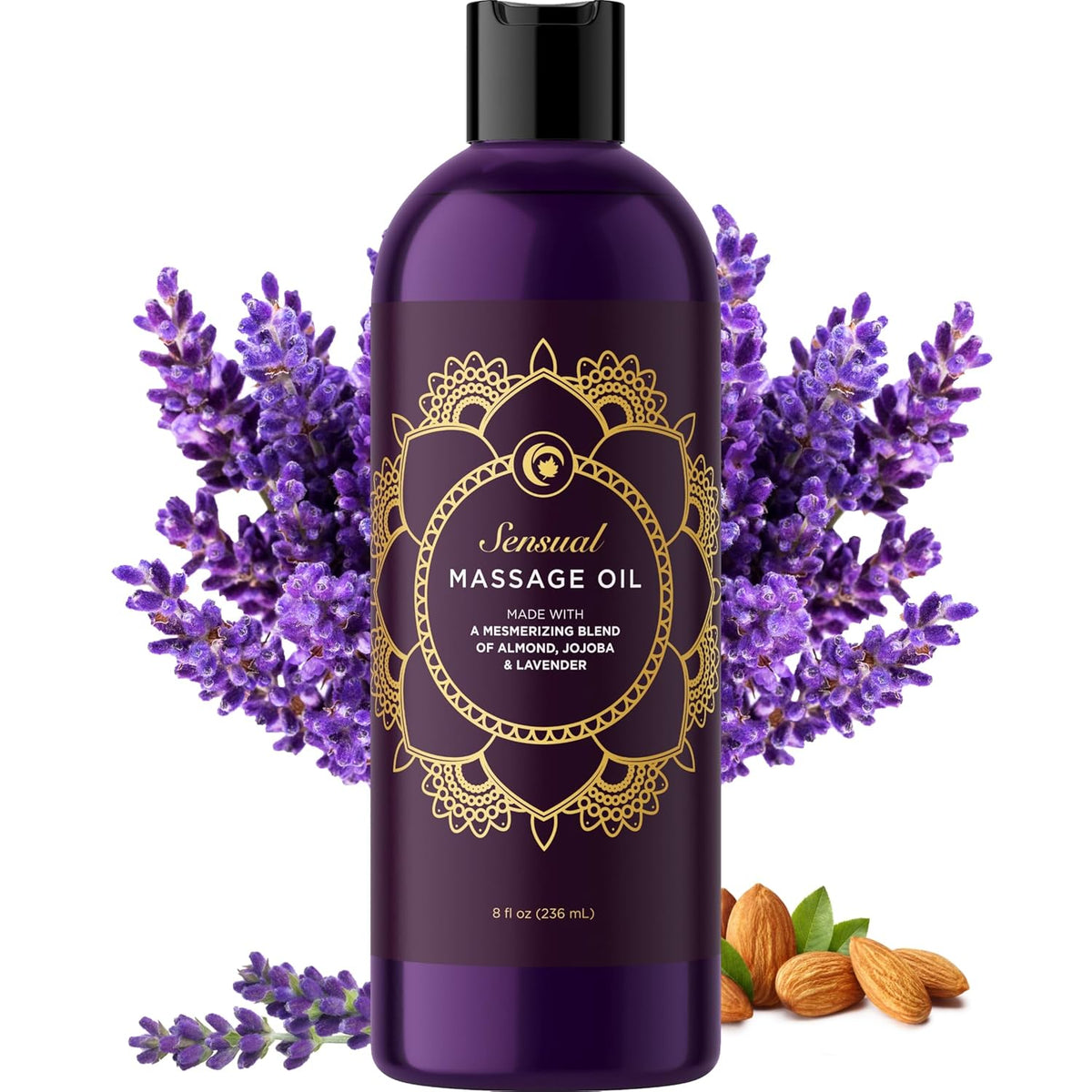The Aromatherapy Sensual Massage Oil for Couples features relaxing lavender, jojoba, and sweet almond oils. Naturally scented and enriched with vitamin E, it's vegan, non-GMO, gluten free—perfect for aromatherapy or couples massage (8 fl oz).