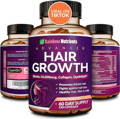 A bottle of Hair Growth Vitamins for Women is pictured, highlighting Biotin 10,000mcg, Collagen, OptiMSM®, goMCT®, Saw Palmetto for hair, skin and nails. The label notes a 60-day supply and displays a “Viral on TikTok” badge.