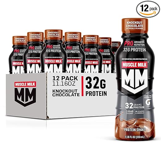 A 12-pack of Muscle Milk Pro Series Protein Shake, Knockout Chocolate (32g protein, 11.16 fl oz each), ideal for post-workout recovery, shown with one bottle in front of the open box.