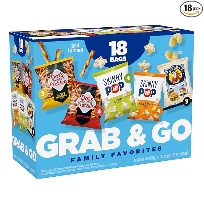 Family Favorites Variety Pack, SkinnyPop Original and White Cheddar Popcorn, Dot's Original and Honey Mustard Pretzels, Pirate's Booty, On-the-Go Snacks, 0.5oz and 1oz Bags (18 Count)