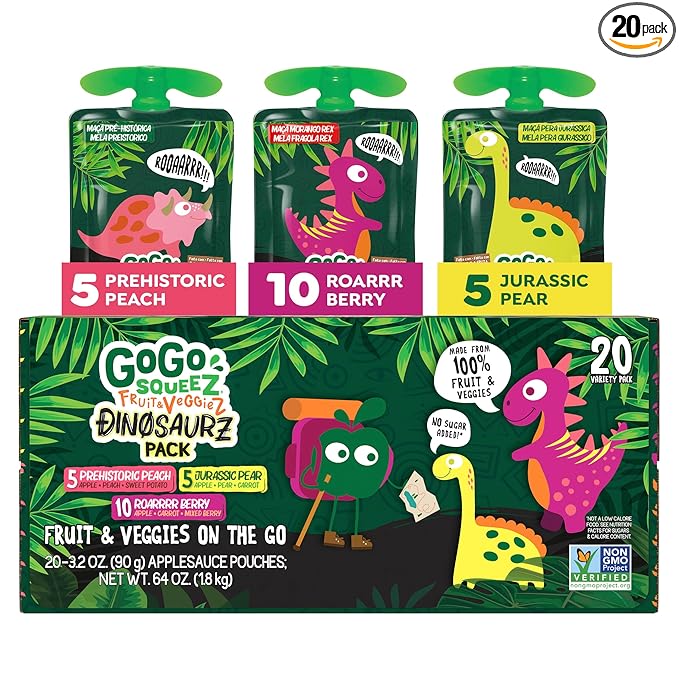 Fruit & veggieZ Applesauce and Puree Variety Pack, Jurassic Pear, Roarrrr Berry & Prehistoric Peach, 3.2 oz (Pack of 20), Unsweetened Snacks for Kids, BPA Free Pouches