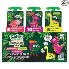 Fruit & veggieZ Applesauce and Puree Variety Pack, Jurassic Pear, Roarrrr Berry & Prehistoric Peach, 3.2 oz (Pack of 20), Unsweetened Snacks for Kids, BPA Free Pouches